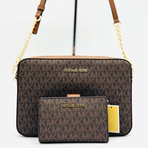 Michael Kors LG EW Crossbody Bag & Zip Chain Bifold Wallet Matching Set Brown